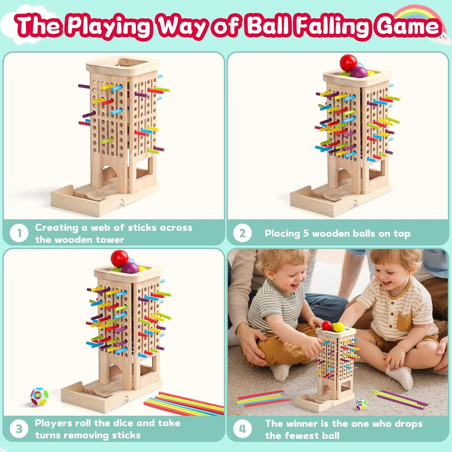 3-in-1 Holz-Stäbchenspiel – Farblernturm & Balancespiel ab 3 J.
