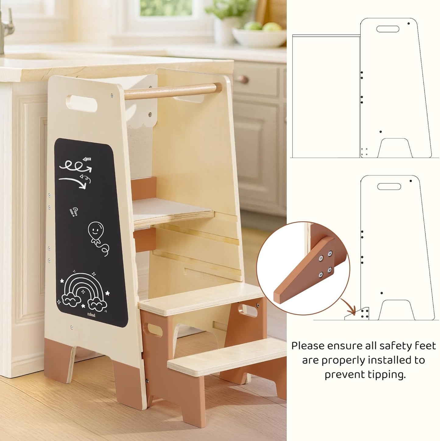 2-in-1 Lernturm aus Holz mit Tritthocker & Tafel