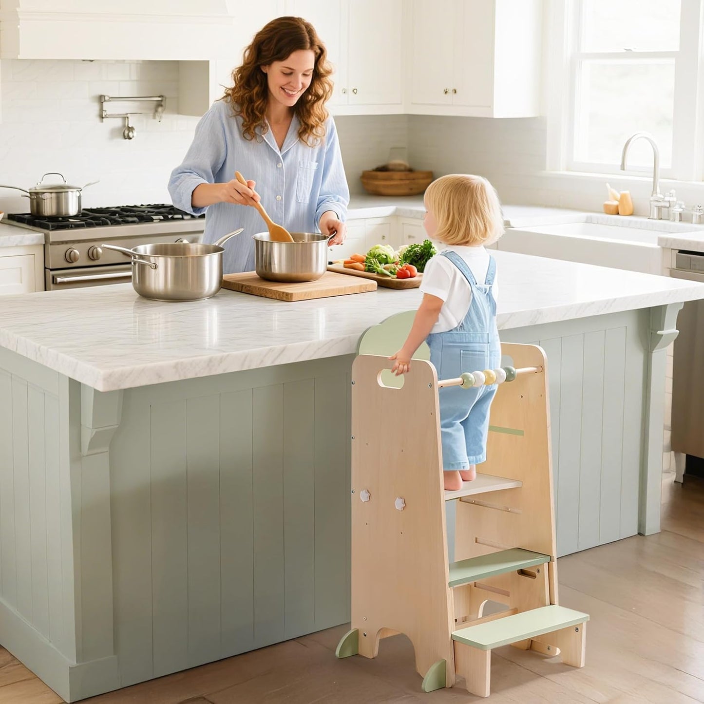2-in-1 Lernturm aus Holz mit Kreidetafel & Tritthocker für Kinder