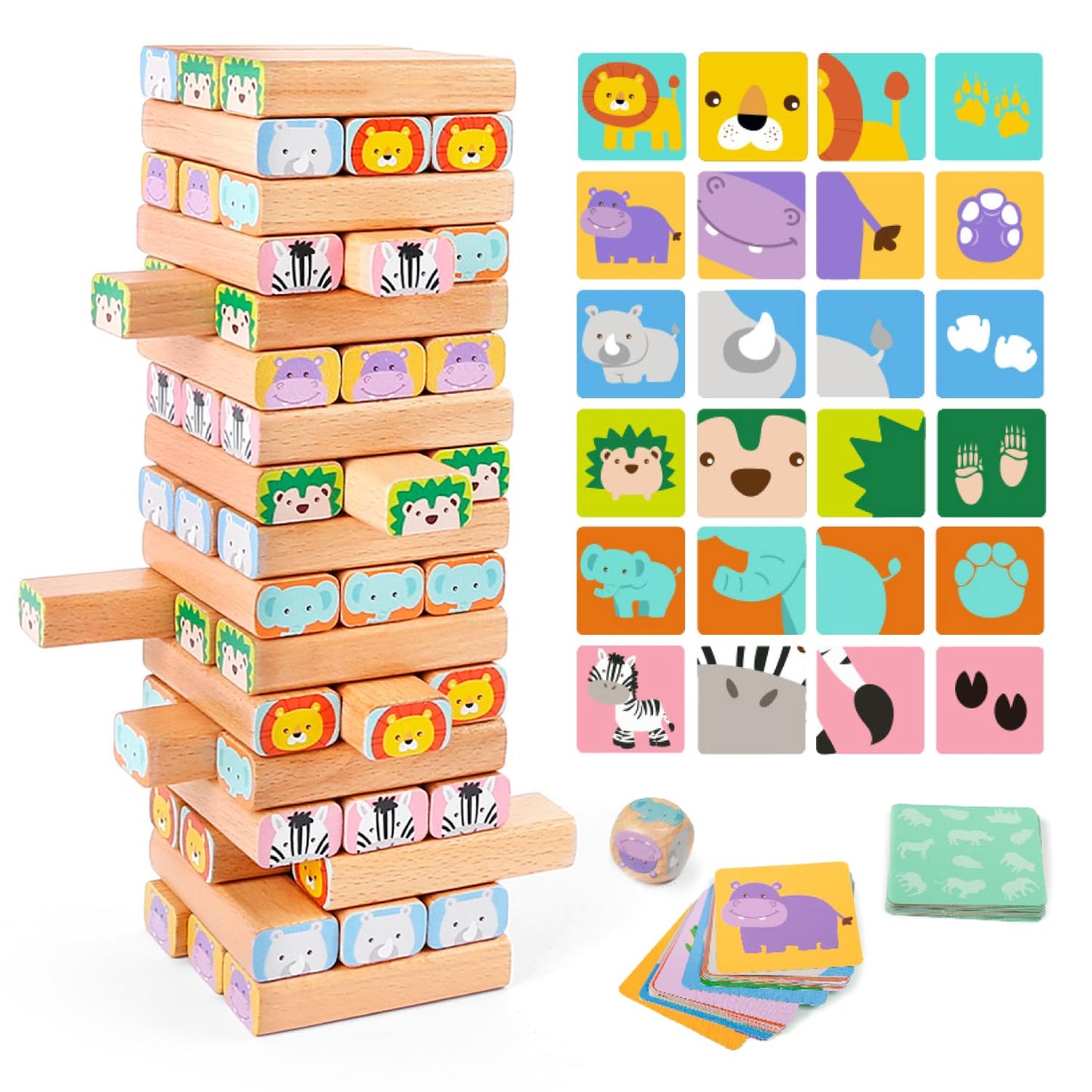 Nene Toys Pädagogisches Kinderspiel ab 3 Jahre - Wackelturm 4 in 1 aus Holz mit Farben und Tieren - Spielzeug für Mädchen und Jungs von 3 bis 9 Jahren - Stapelturm Holz Brettspiel