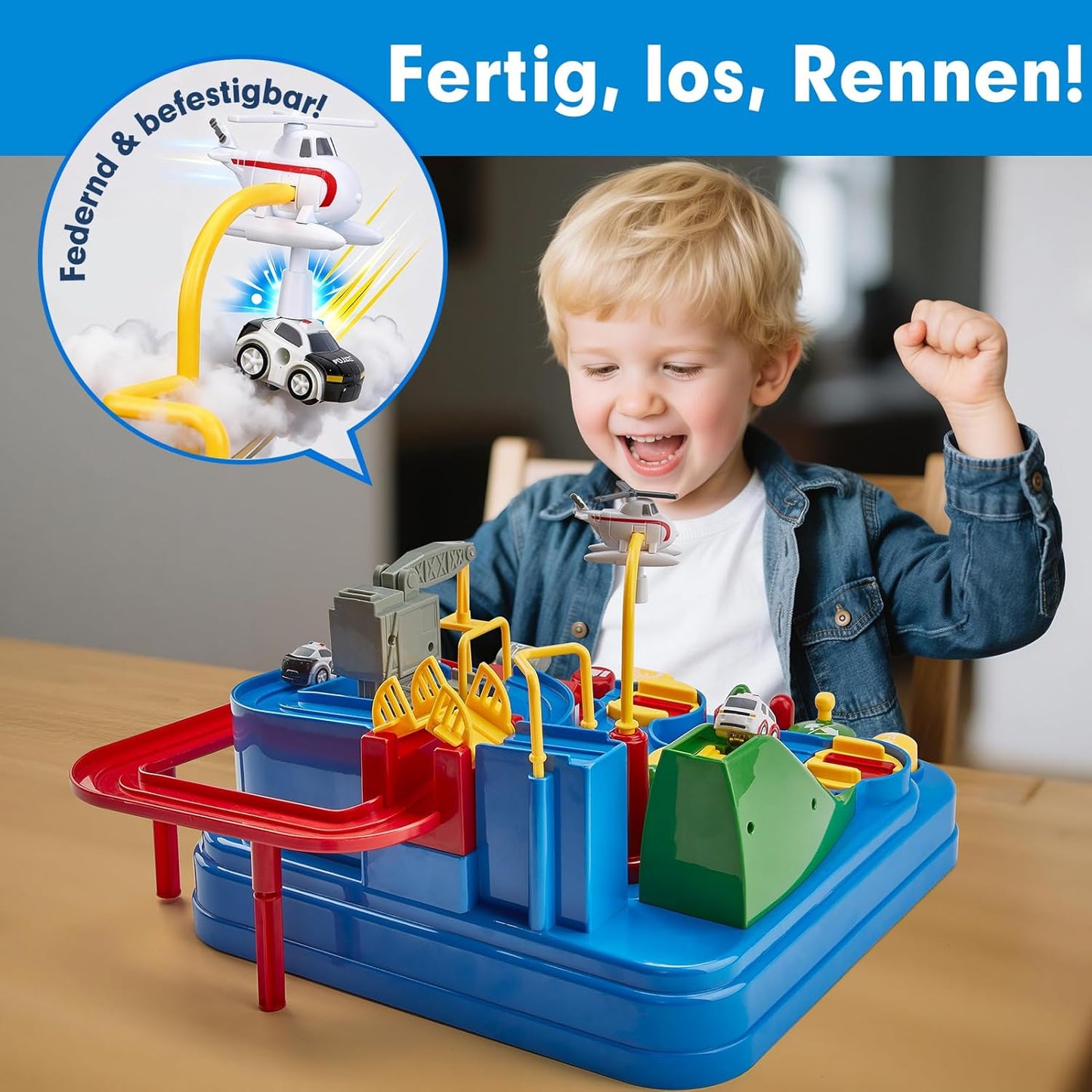 Kinder Autorennbahn ohne Batterien – 3 Fahrzeuge, 8 Aufgaben