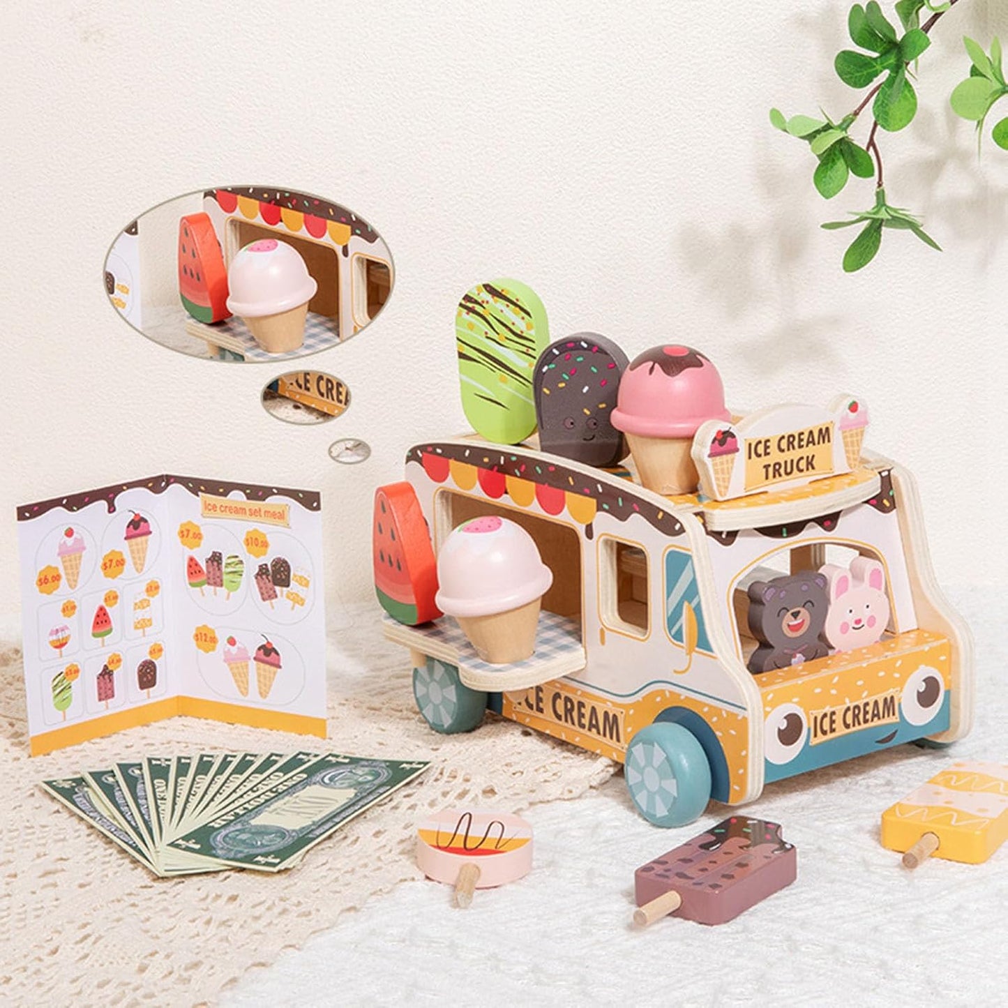 Fahrbarer Holz-Eiswagen mit Eiszubehör – Rollenspiel ab 3
