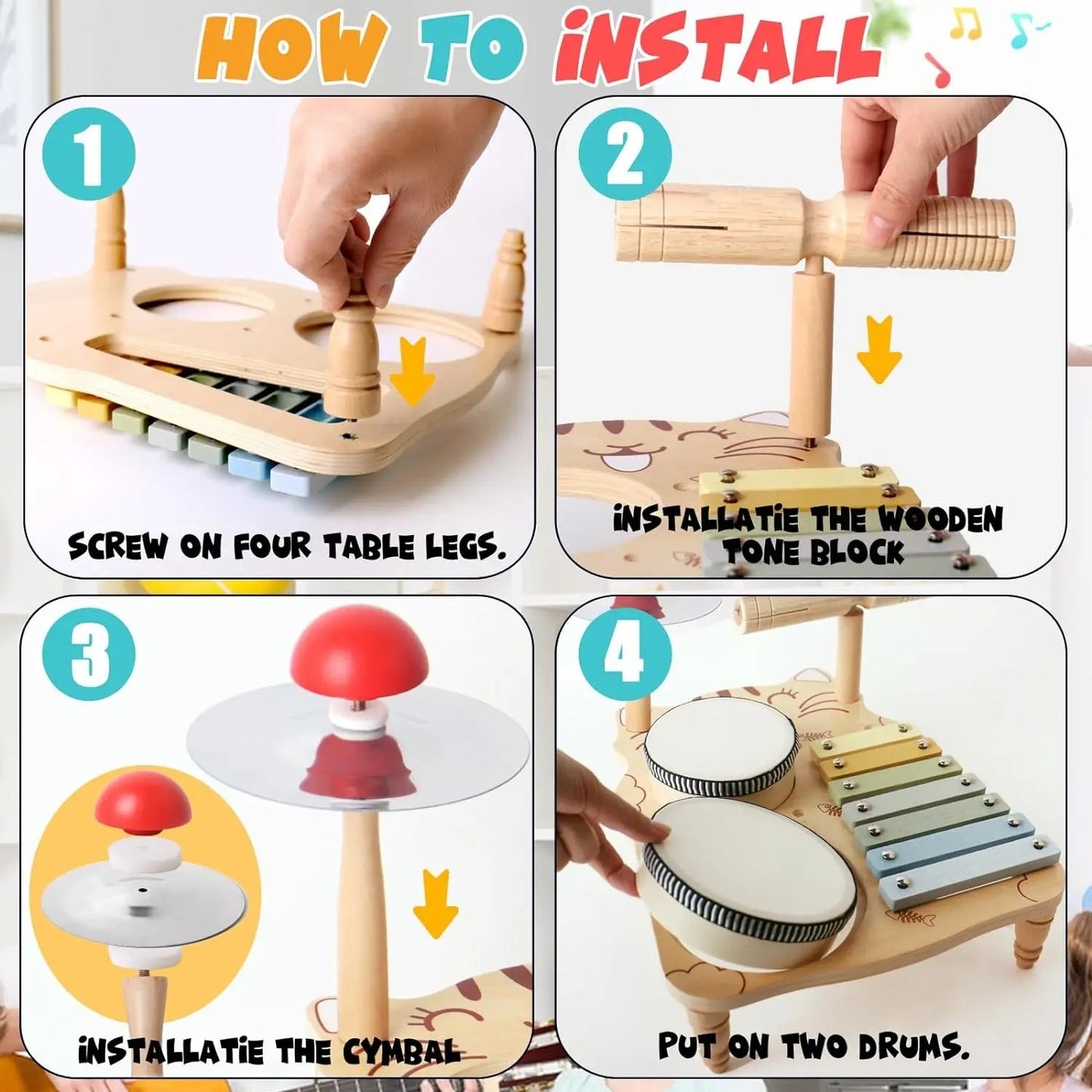 Wooden Xylophone & Drum Set for Toddlers – Montessori Musical Toys