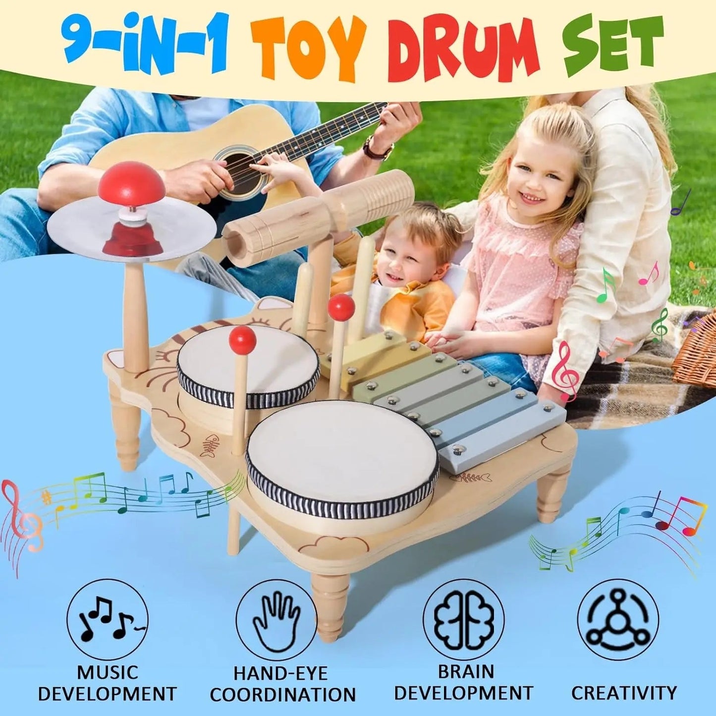 Wooden Xylophone &amp; Drum Set for Toddlers – Montessori Musical Toys