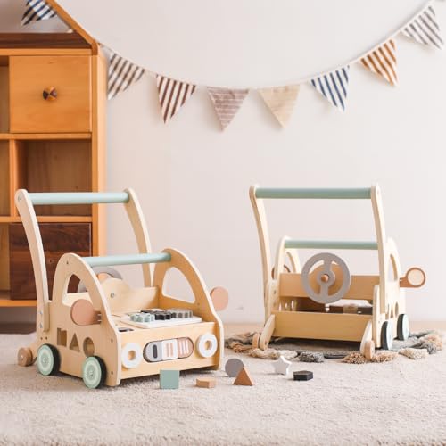 Lauflernwagen Holz mit Formensortierer & Spielbrett – ab 6 Monate