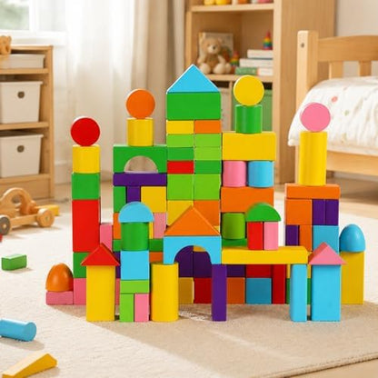 Bunte Holzbausteine Set – 100 geometrische Baublöcke ab 4 Jahren