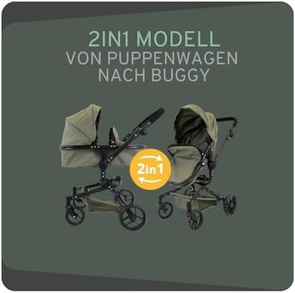Faltbarer Puppenwagen 2-in-1 in Retro-Grün ab 3 Jahre