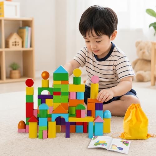 Bunte Holzbausteine Set – 100 geometrische Baublöcke ab 4 Jahren