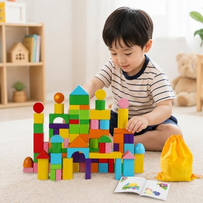 Bunte Holzbausteine Set – 100 geometrische Baublöcke ab 4 Jahren
