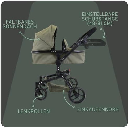 Faltbarer Puppenwagen 2-in-1 in Retro-Grün ab 3 Jahre