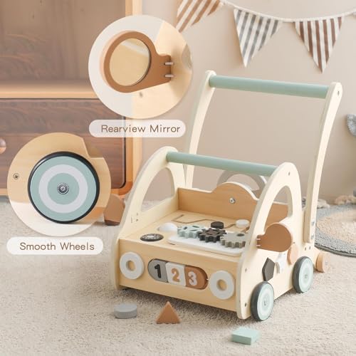 Lauflernwagen Holz mit Formensortierer & Spielbrett – ab 6 Monate