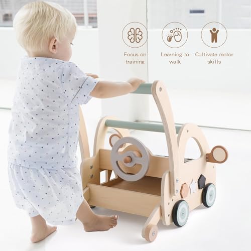 Lauflernwagen Holz mit Formensortierer & Spielbrett – ab 6 Monate
