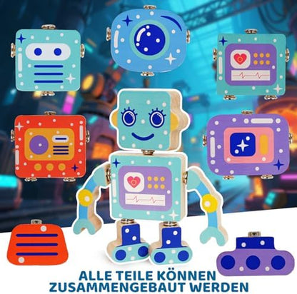 Holz-Roboter Bausatz 5-teilig – DIY Steckspielzeug ab 3 Jahren