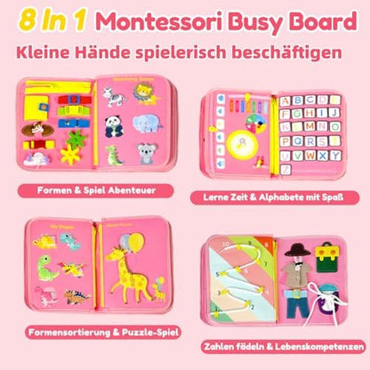 Filz Busy Board 8 Seiten – 20+ Aktivitäten, Reisespielzeug ab 3 J.