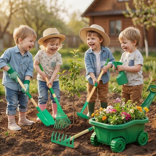 Kinder Gartenset mit Schubkarre – 7-teilig, Holz & Metall, ab 3 Jahren