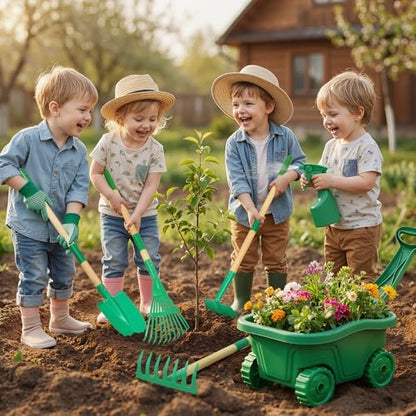 Kinder Gartenset mit Schubkarre – 7-teilig, Holz & Metall, ab 3 Jahren