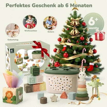 5-in-1 Montessori Babyspielzeug ab 6 Monate – Sortierbox, Stapelringe & Sensorikset