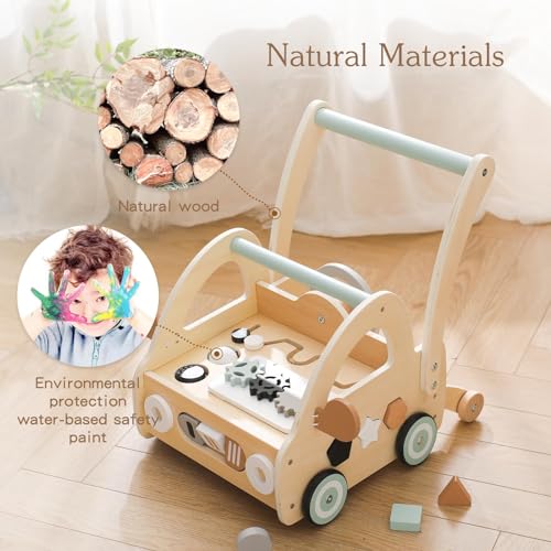 Lauflernwagen Holz mit Formensortierer & Spielbrett – ab 6 Monate