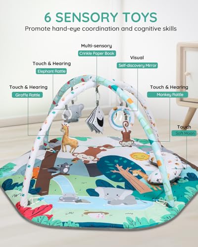 4-in-1 Spielmatte Baby mit 6 Sensorspielzeugen ab Geburt bis 18 Monate