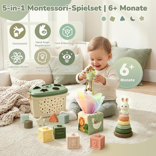 5-in-1 Montessori Babyspielzeug ab 6 Monate – Sortierbox, Stapelringe & Sensorikset