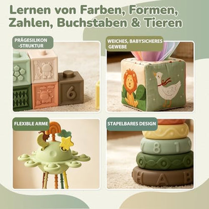 5-in-1 Montessori Babyspielzeug ab 6 Monate – Sortierbox, Stapelringe & Sensorikset