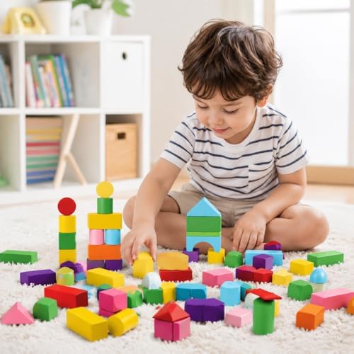 Bunte Holzbausteine Set – 100 geometrische Baublöcke ab 4 Jahren