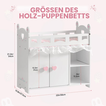 Puppenbett mit Kleiderschrank aus Holz – Spielmoebel fuer Puppen bis 55 cm