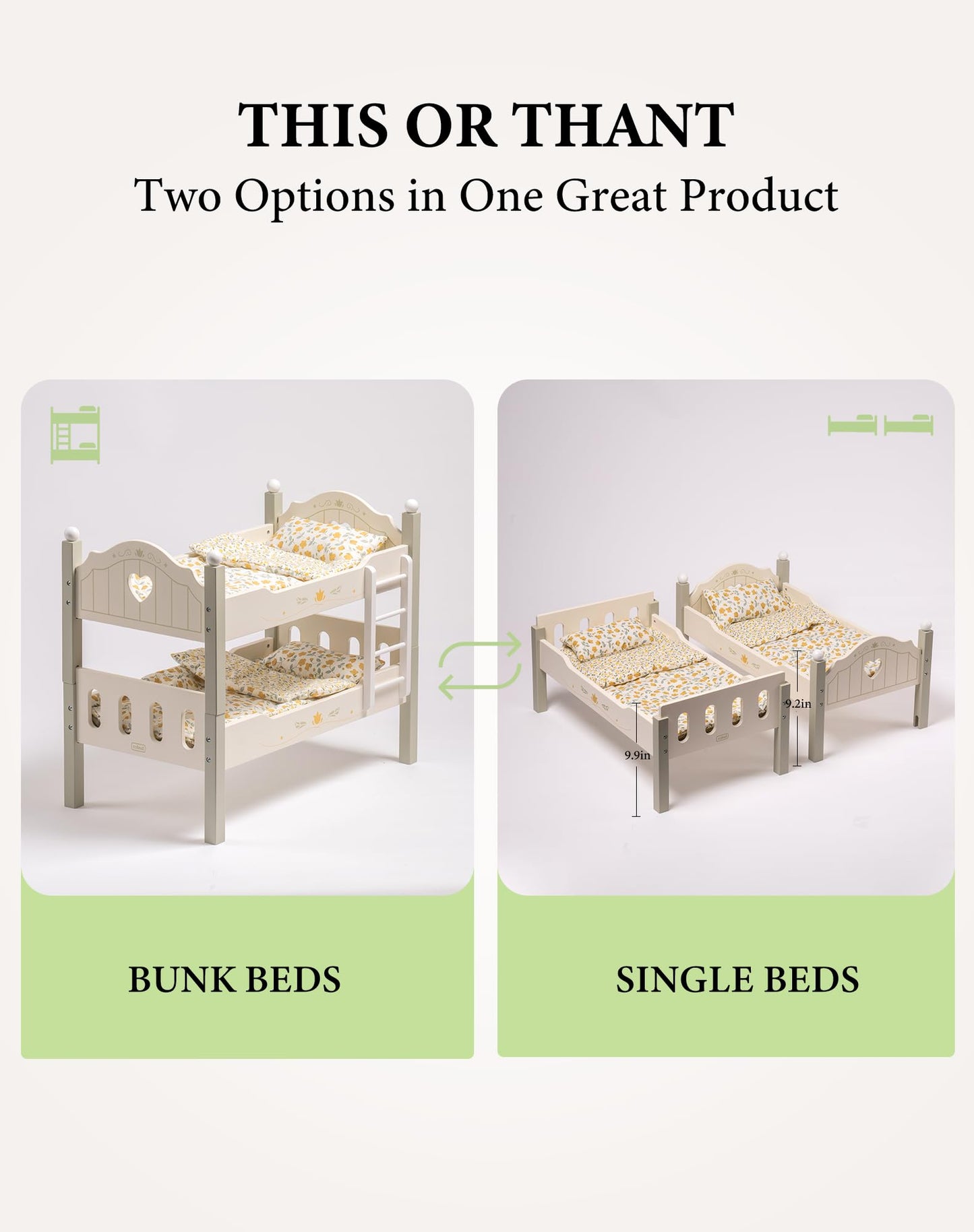 Holz Puppenbett 2-in-1 Etagenbett für 43 cm Puppen mit Zubehör