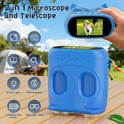 2-in-1 Microscope & Binoculars for Kids – 2.4" IPS Display, 8 LED, Ages 3+