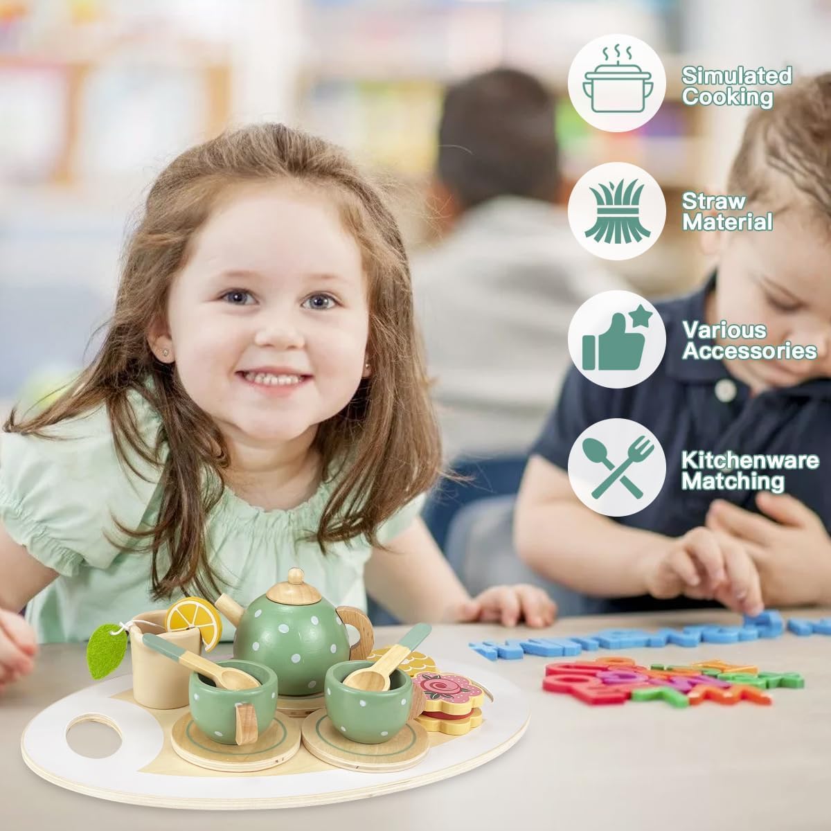 Holz Teeservice Kinder 14-teilig – Rollenspiel Teeset ab 3 Jahren
