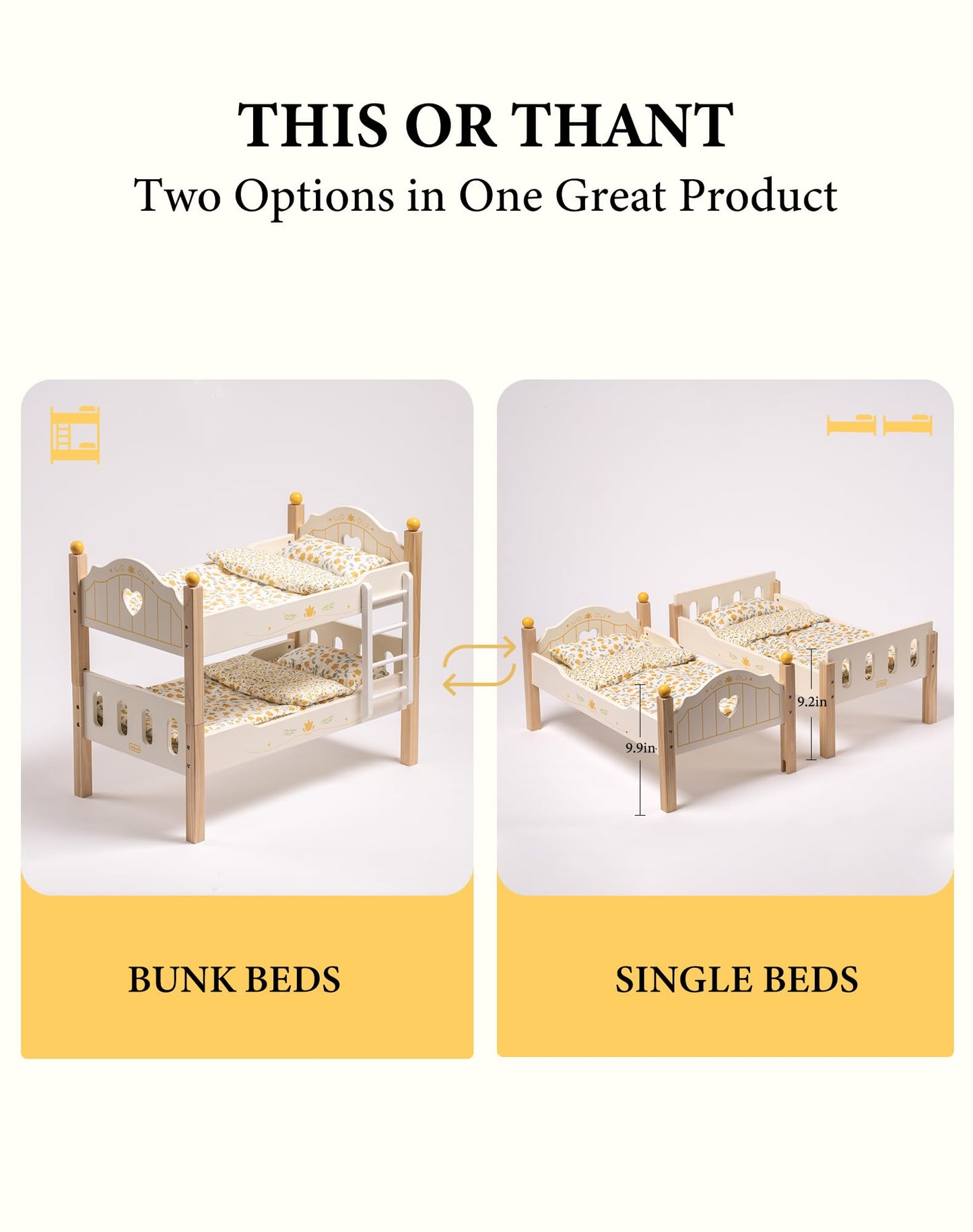 Holz Puppenbett 2-in-1 Etagenbett für 43 cm Puppen mit Zubehör