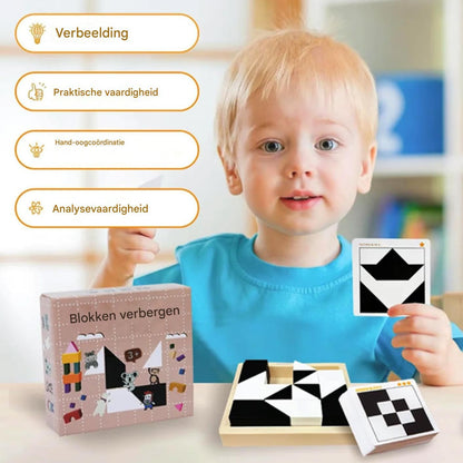 Holz-Blockpuzzle mit 40 Fragekarten – Denkspiel für Kinder & Familie