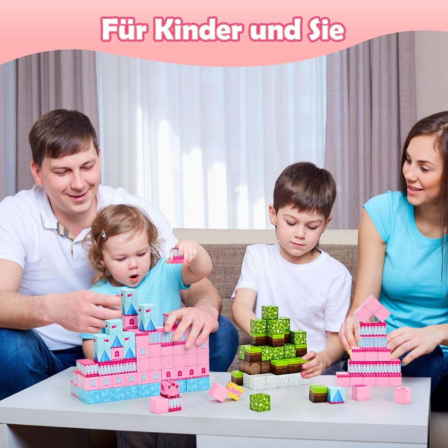 PINKCAT Magnetische Bausteine, Rosa Schloss Magnete Bausteine Spielset, Magnetischer Spielzeugbaustein für Jungen und Mädchen, Montessori Spielzeug ab 3 Jahren Geschenk für Kinder (100 Blöcke)