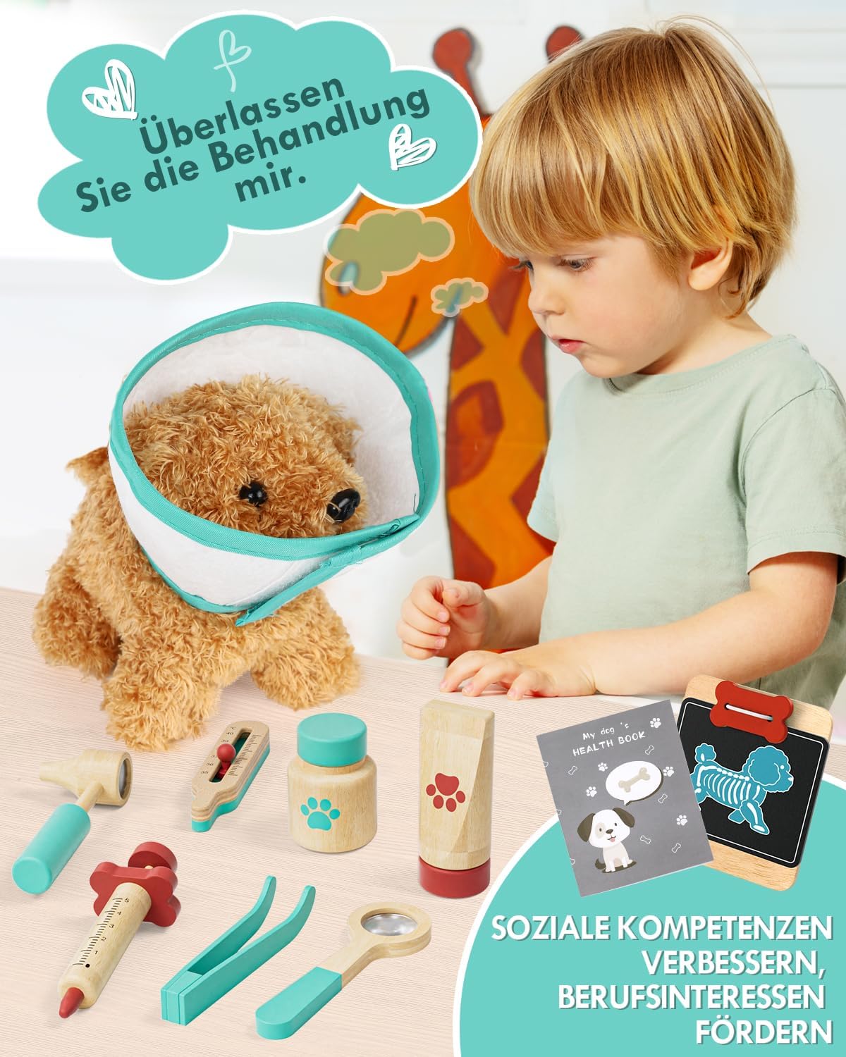 Tierarzt Spielzeug Kinder, Arztkoffer Holz ab 2 3 4 Jahre(Grün)