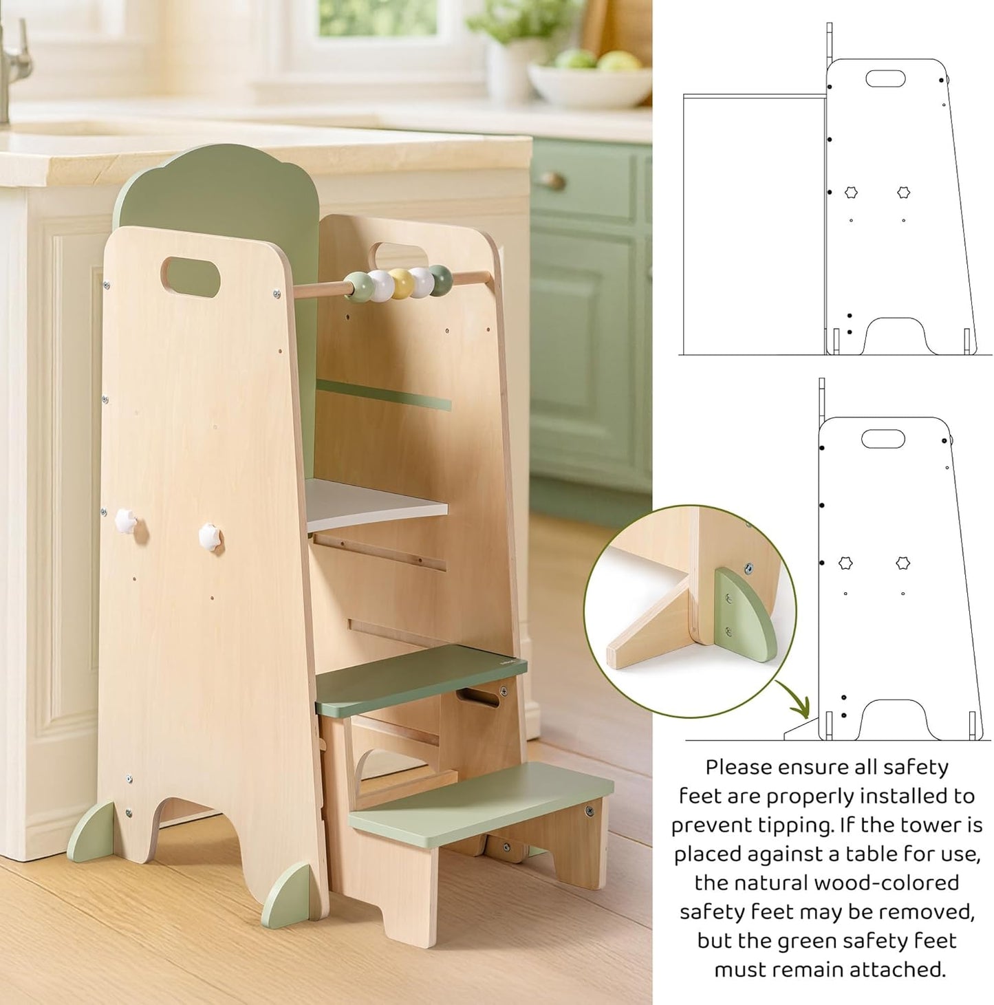 2-in-1 Lernturm aus Holz mit Kreidetafel & Tritthocker für Kinder