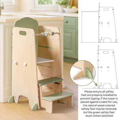 2-in-1 Lernturm aus Holz mit Kreidetafel & Tritthocker für Kinder