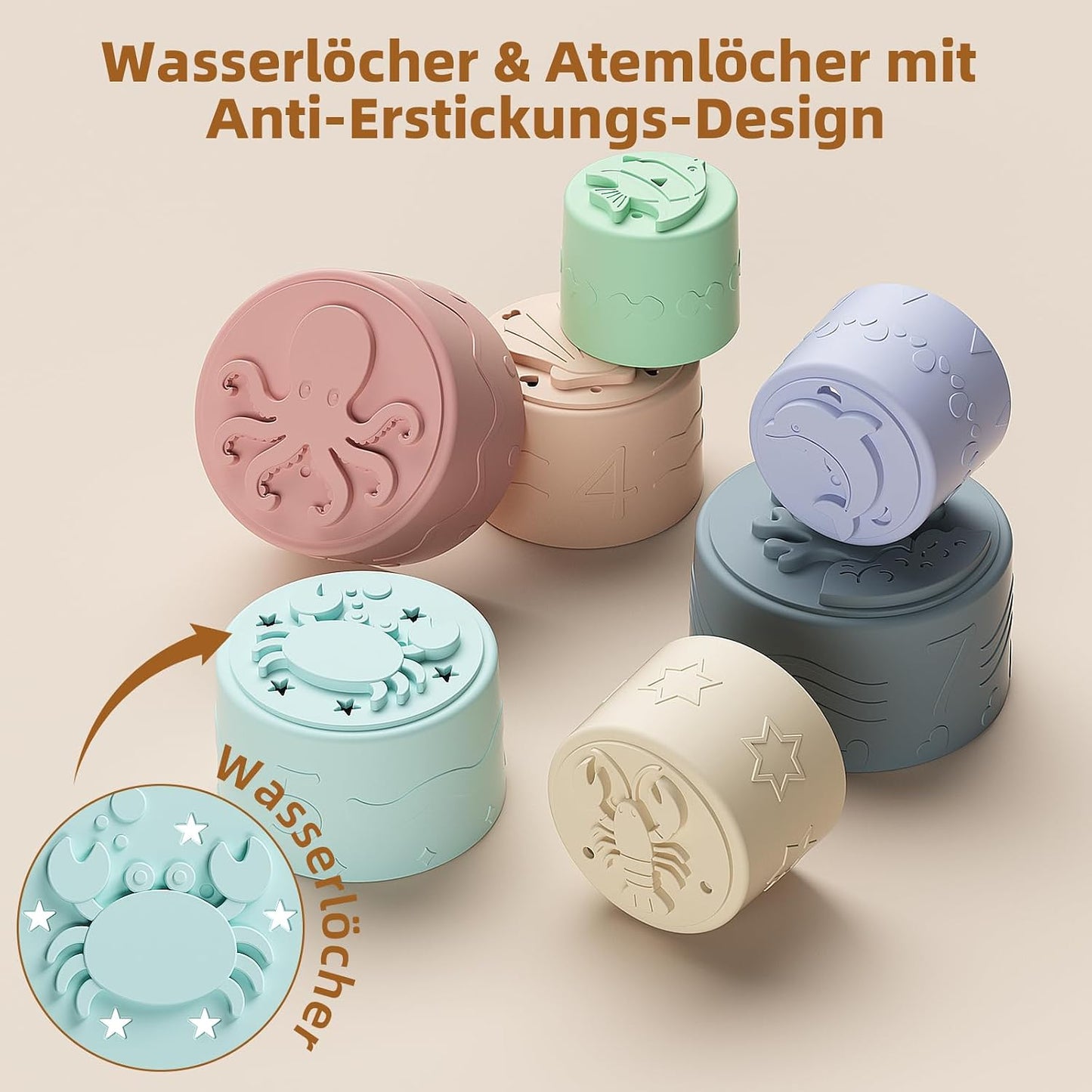 Baby Stapelbecher Spielzeug Für 3 6 12 Monate+, Silikon Stapelturm mit 7 Bechern, Mit Einzigartiger Meereslebewesen-Gravur Und Erhabenen Zahlen, Für Badespaß, Geschenke Für Jungen & Mädchen Ab 1 Jahr