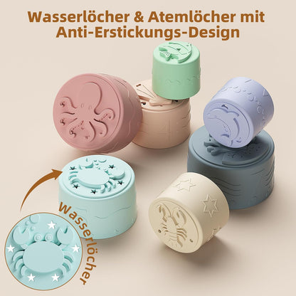 Baby Stapelbecher Spielzeug Für 3 6 12 Monate+, Silikon Stapelturm mit 7 Bechern, Mit Einzigartiger Meereslebewesen-Gravur Und Erhabenen Zahlen, Für Badespaß, Geschenke Für Jungen & Mädchen Ab 1 Jahr