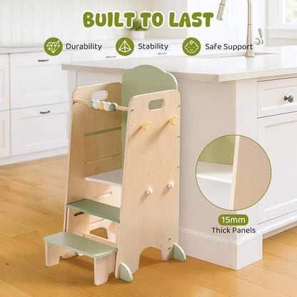 2-in-1 Lernturm aus Holz mit Kreidetafel & Tritthocker für Kinder