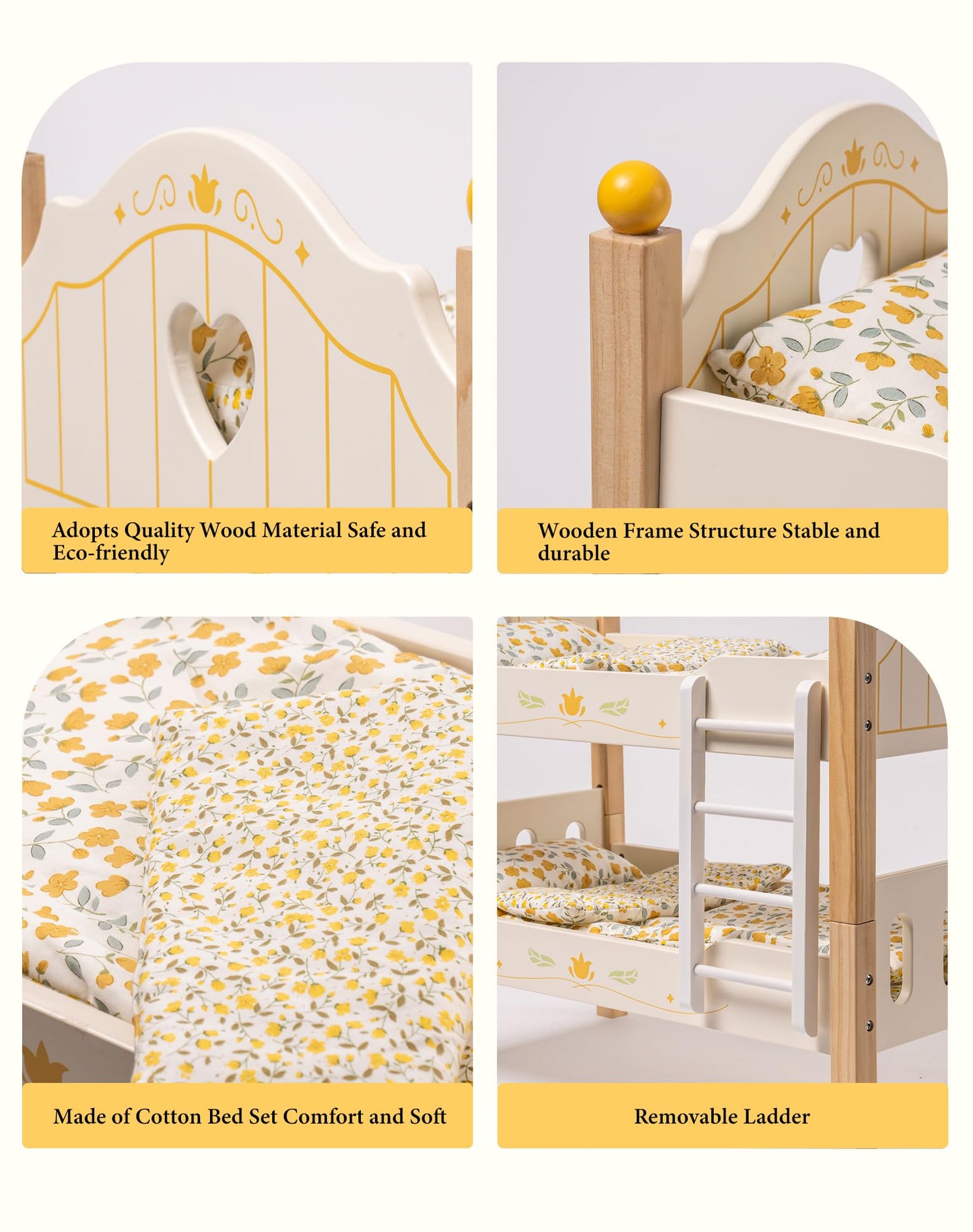 Holz Puppenbett 2-in-1 Etagenbett für 43 cm Puppen mit Zubehör
