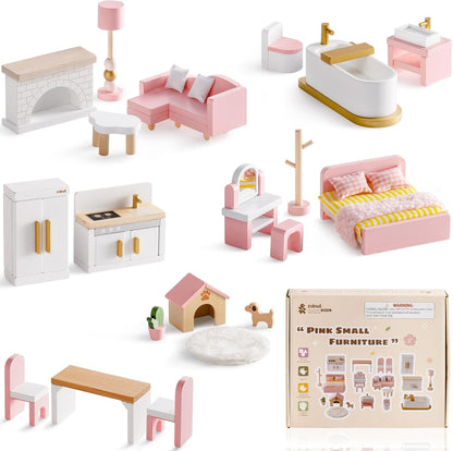 Puppenmöbel Set aus Holz, 28-teilig – Schlafzimmer, Küche, Bad & mehr