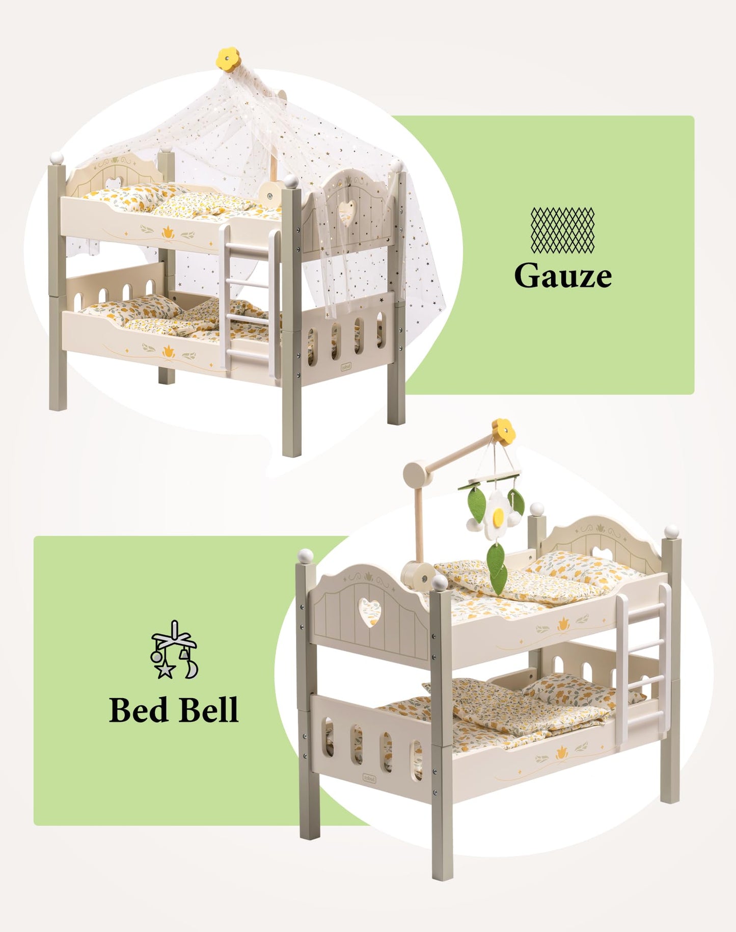 Holz Puppenbett 2-in-1 Etagenbett für 43 cm Puppen mit Zubehör