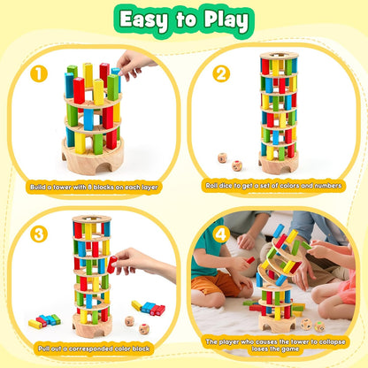 Montessori Spiele Brettspiel aus Holz, 48 Stück Bunte Blöcke Würfelspiel Kinder Lernspiele ab 3 4 5 6 Jahre Fördern Konzentration & Feinmotorik, Familienspiel Reisespiel Geschenk Junge Mädchen 3 Jahre