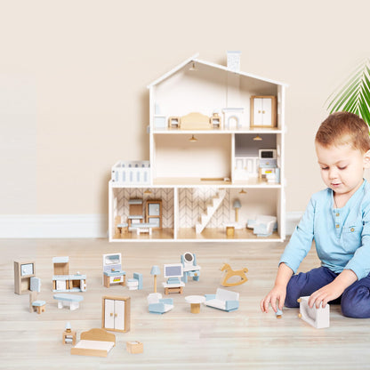 Holz Puppenhaus mit Möbeln, 3 Etagen und Beleuchtung für Kinder ab 3 Jahren