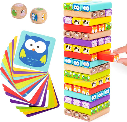 Nene Toys Pädagogisches Kinderspiel ab 3 Jahre - Wackelturm 4 in 1 aus Holz mit Farben und Tieren - Spielzeug für Mädchen und Jungs von 3 bis 9 Jahren - Stapelturm Holz Brettspiel