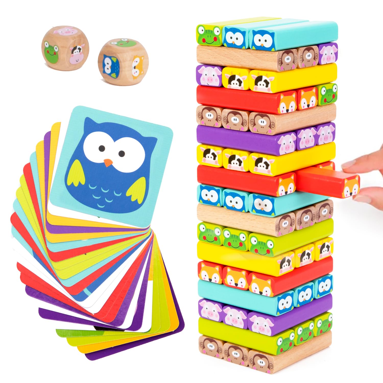 Nene Toys Pädagogisches Kinderspiel ab 3 Jahre - Wackelturm 4 in 1 aus Holz mit Farben und Tieren - Spielzeug für Mädchen und Jungs von 3 bis 9 Jahren - Stapelturm Holz Brettspiel