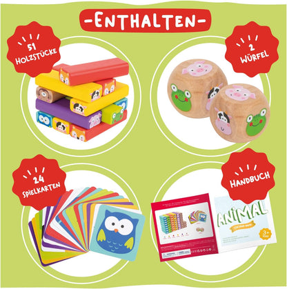 Nene Toys Pädagogisches Kinderspiel ab 3 Jahre - Wackelturm 4 in 1 aus Holz mit Farben und Tieren - Spielzeug für Mädchen und Jungs von 3 bis 9 Jahren - Stapelturm Holz Brettspiel