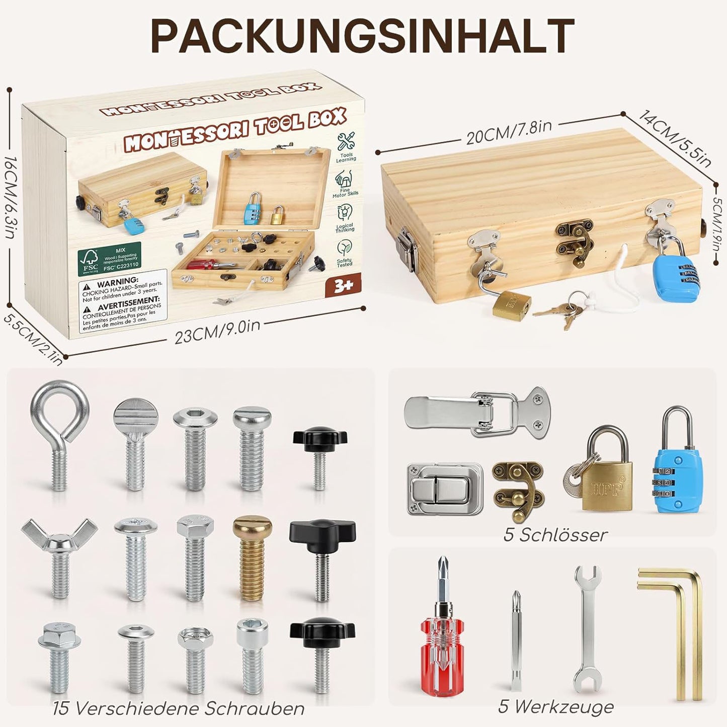 Valise à outils en bois pour enfants – Jouet à visser Montessori à partir de 3 ans