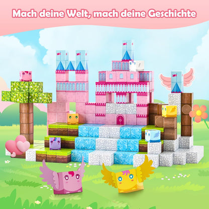 PINKCAT Magnetische Bausteine, Rosa Schloss Magnete Bausteine Spielset, Magnetischer Spielzeugbaustein für Jungen und Mädchen, Montessori Spielzeug ab 3 Jahren Geschenk für Kinder (100 Blöcke)
