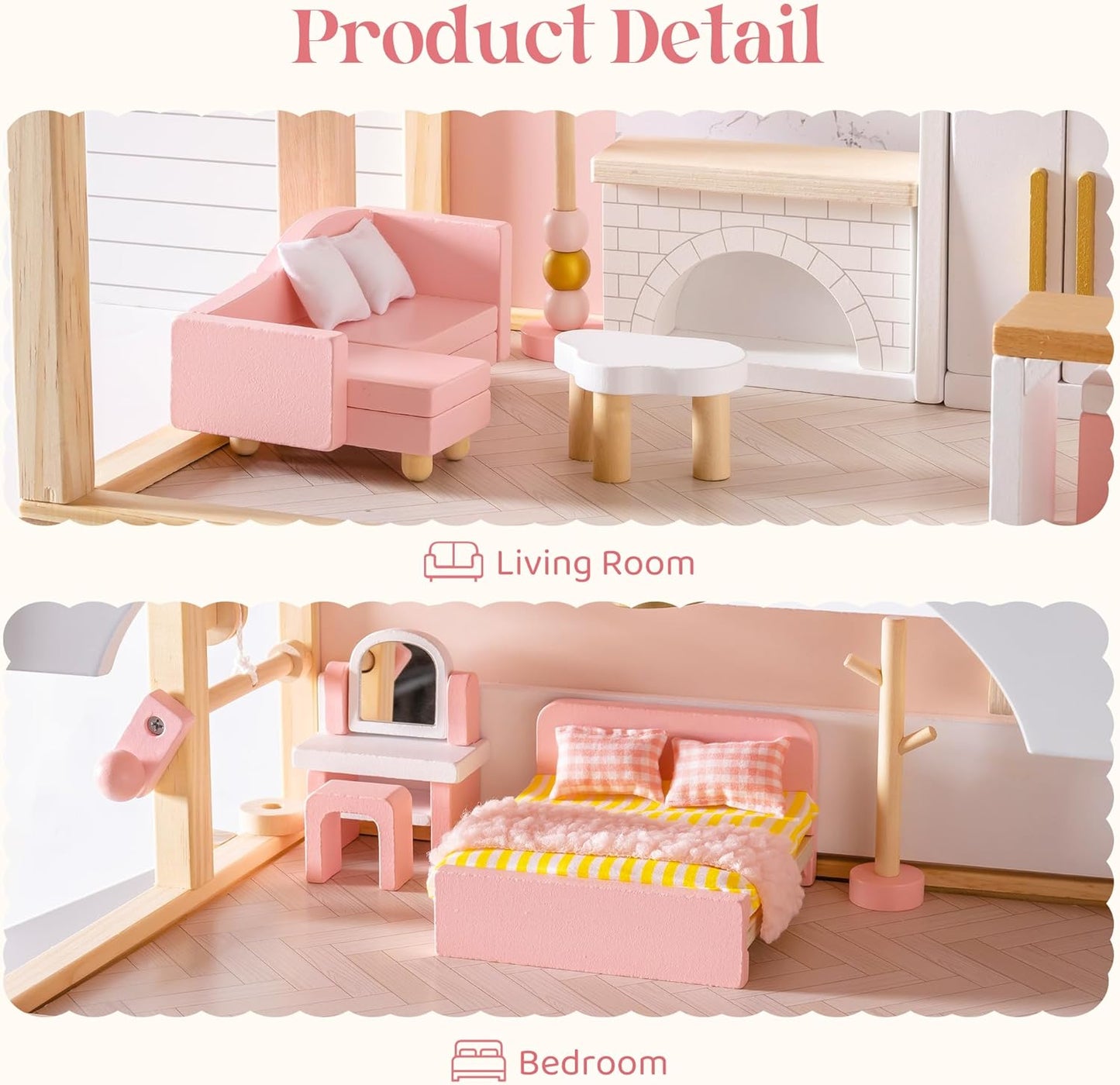 Puppenmöbel Set aus Holz, 28-teilig – Schlafzimmer, Küche, Bad & mehr